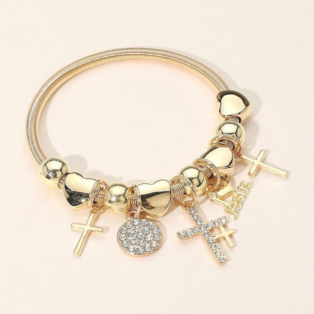 Dozen Gold Charm Bracelet with Cross Pendants